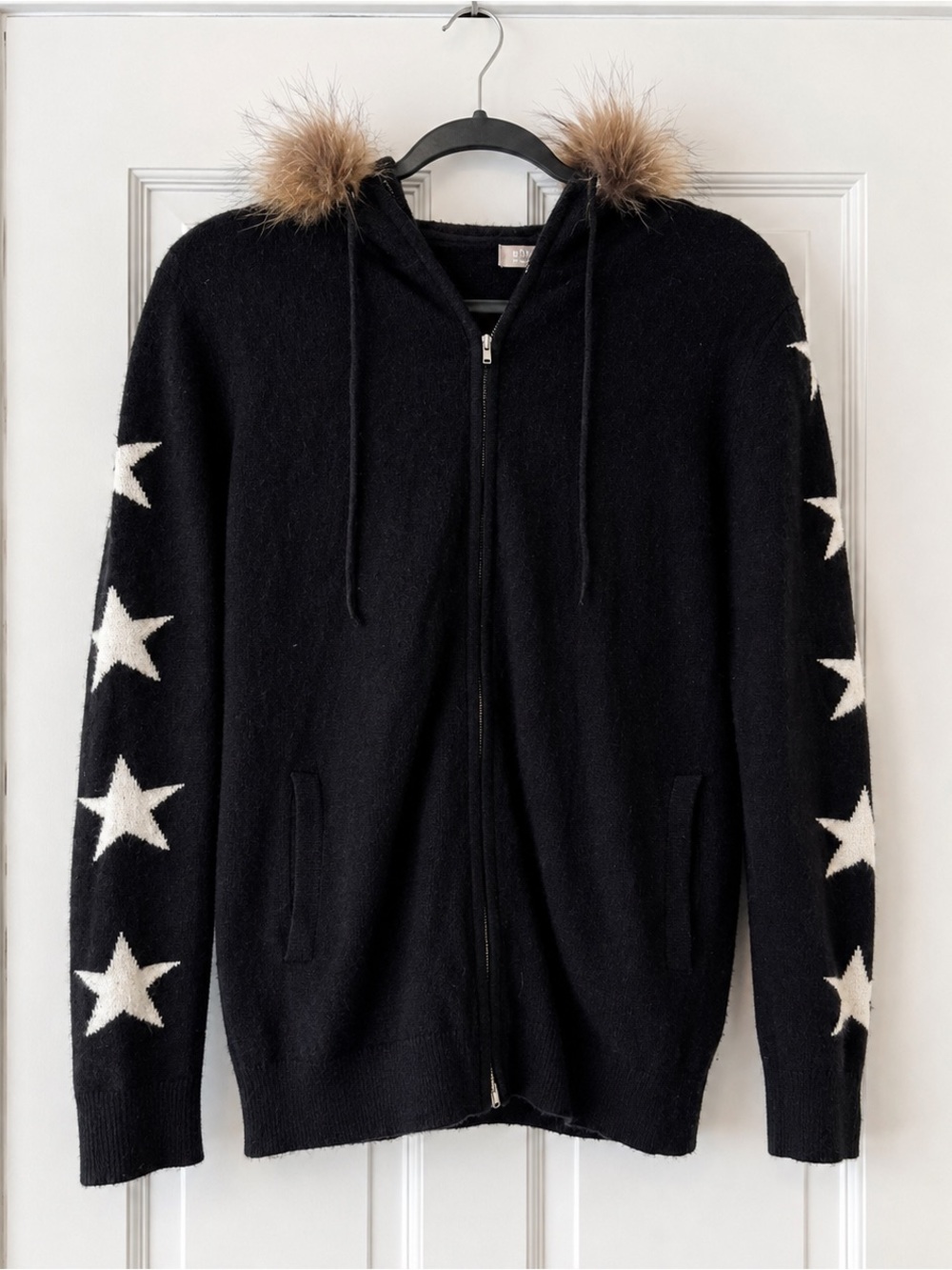 Brodie Cashmere Black Zip Hoodie with White Star Sleeves and Fur-Trim Hood